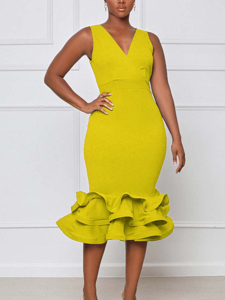 Ruffled Trim Bodycon Midi Dress Maxct