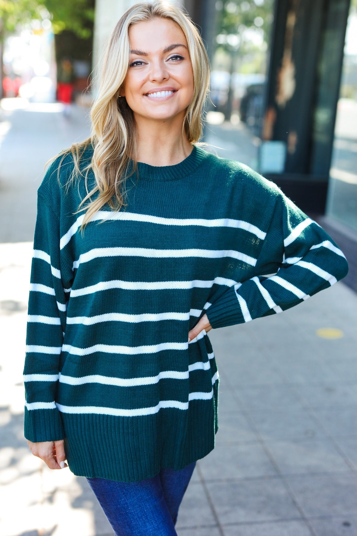 Maxct &Stand Out Hunter Green Striped Oversized Knit Sweater