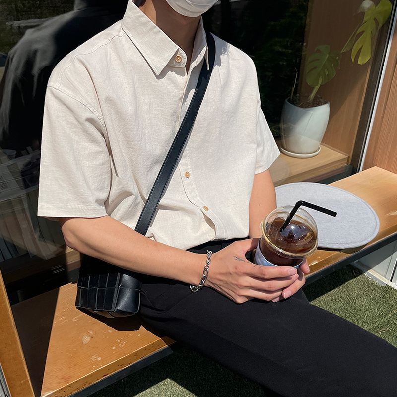Maxct boy outfits Short Sleeve Shirt Men's Summer Japanese Loose Casual Lapel Solid Color Half Sleeve Shirt