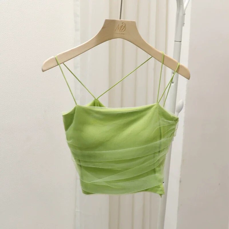 Maxct Mesh Camis Crop Top With Bra Girls Sweet Slim Padded Tube Tops Female Sided Zipper Tank Camisole