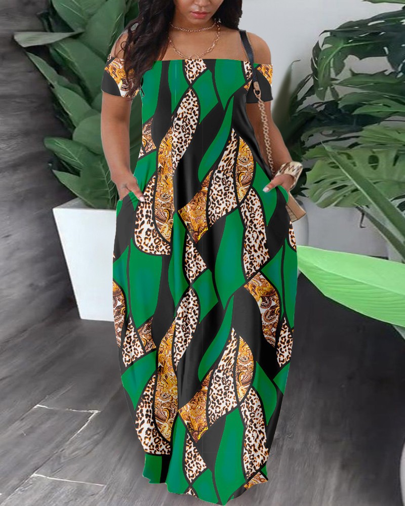 Maxct Summer New Women's Fashion Leisure Sexy Print Bare Shoulder Dress