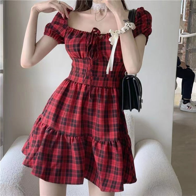 Cute Red Plaid Retro Sexy Dress Maxct