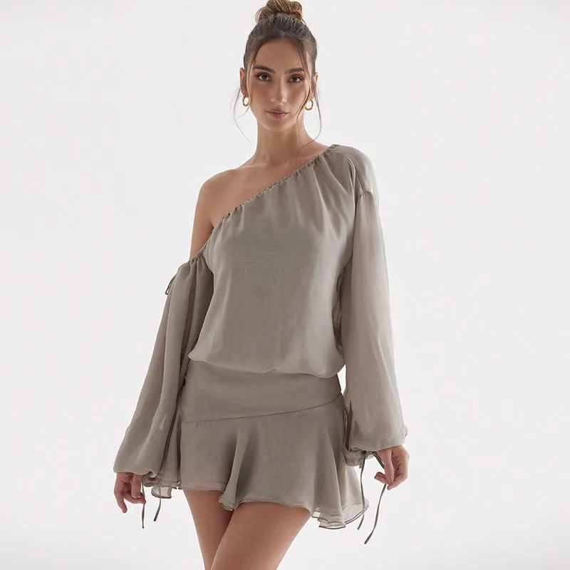 Chiffon Ruffle Hem Bishop Sleeve One Shoulder Mini Dress - Gray Maxct