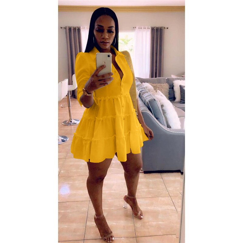 Solid Ruffles Shirt Dress Women Streetwear Half Sleeve Buttons Up High Waist Mini Dress Summer Casual Party Dresses