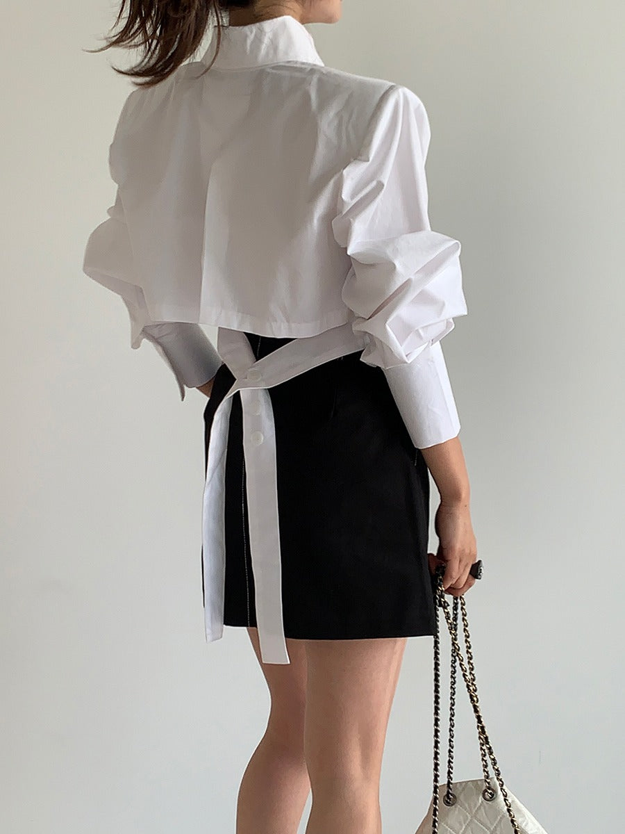 Maxct Cutout Back Tie Button Oversized Cropped Shirt
