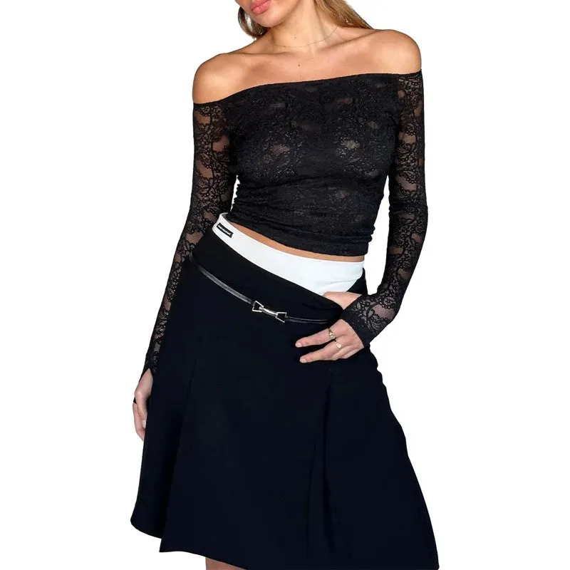 Maxct Fairy Coquette Sexy Backless Crop Top Floral Lace Off Shoulder T-shirts 90s Vintage Chic Women Long Sleeve Tees Y2K Streetwear
