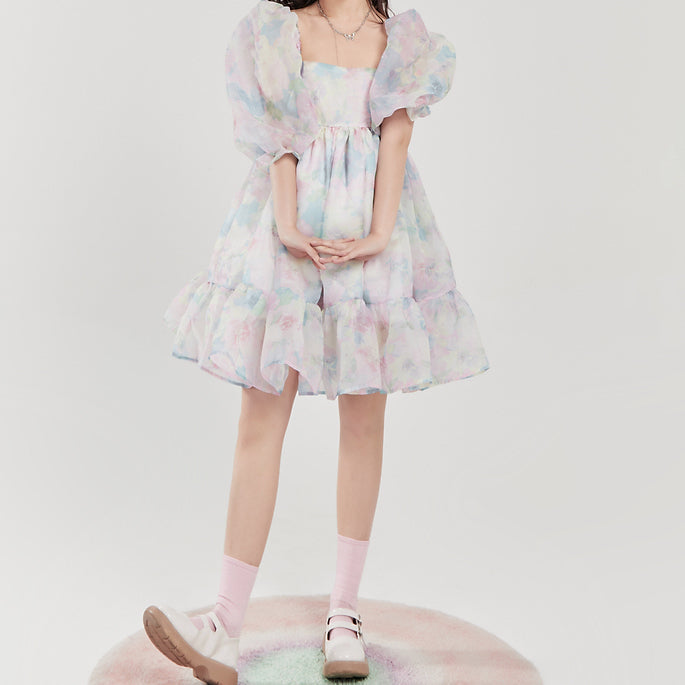 Watercolor Floral Puff Dress Maxct
