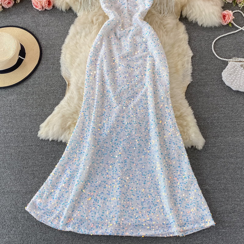 Sequins Party Maxi Dress For Women Sexy V-Neck Short Sleeve High Waist Tassel Long Robe Female Elegant Vestidos