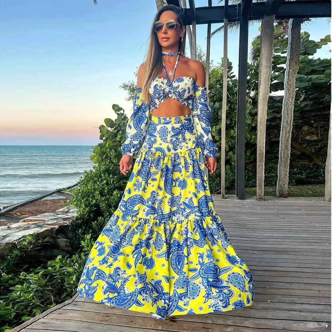 Maxct Summer Two Pieces Maxi Dress For Women Halter Lace Up Tops And Retro Floral Print Long Skirt Ruffled Holiday Beach Dresses