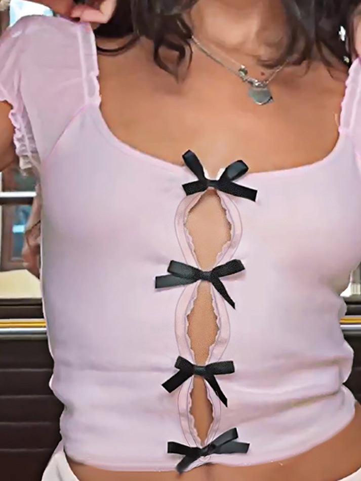 Maxct Cute Bowknot Decor Hollow Out Shirts