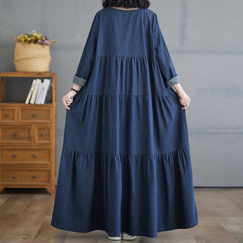 Maxct Women Autumn Retro Casual Loose A- Line Denim Dress