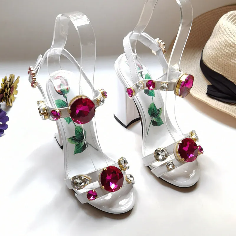 White Fish Mouth Gemstone Thick Heel Sandals Maxct