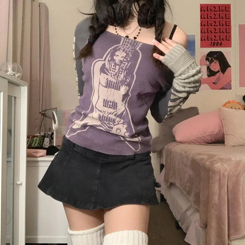 Maxct 2000s Retro Patchwork Long Sleeve Crop Top Hip Hop Harajuku T-shirt E-girl Punk Mall Grunge Emo Alt Clothes Women Pullovers Tees