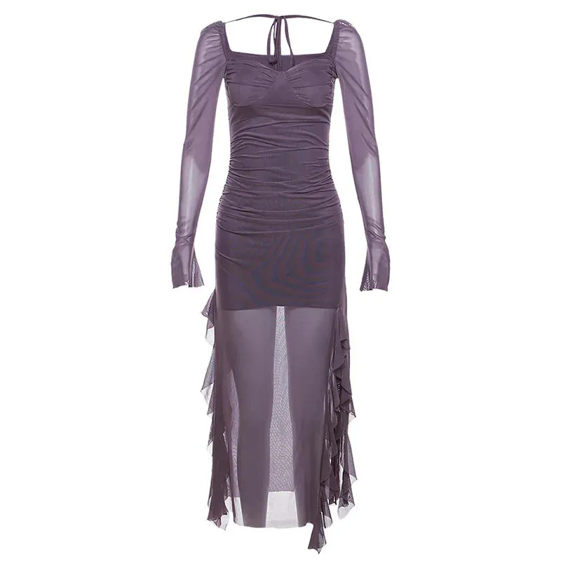Y2k Gentle Temperament Ruffled Square Collar Slit Dress FeCross-Border Solid Color Long Sleeve Strap Wrapped Hip Long Dress Maxct