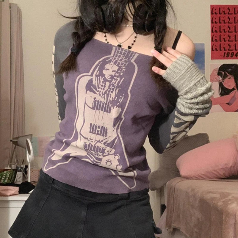 Maxct 2000s Retro Patchwork Long Sleeve Crop Top Hip Hop Harajuku T-shirt E-girl Punk Mall Grunge Emo Alt Clothes Women Pullovers Tees
