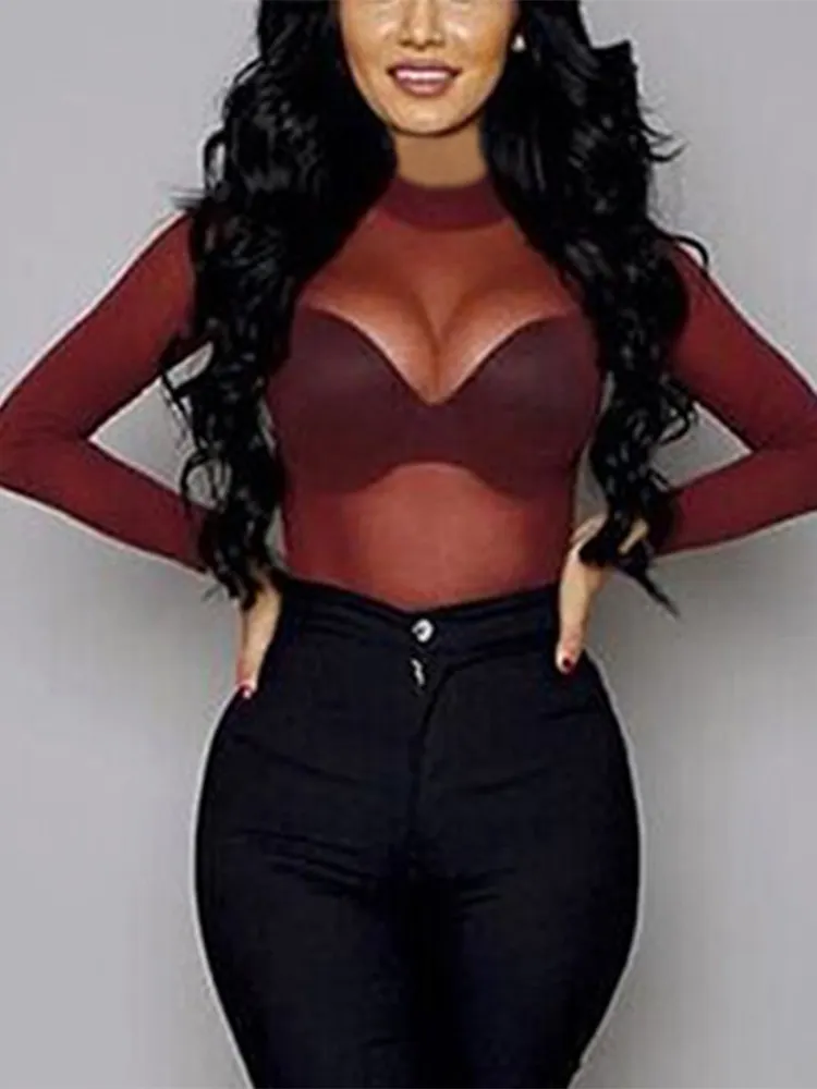 Maxct Women Blouses See Through Transparent Mesh Stand Neck Long Sleeve Sheer Blouse Shirt Ladies Tops Tee - Image 8
