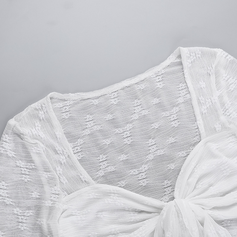 Sexy White Lace Bows Long Sleeve T-Shirt Top For Women Summer New See Through Hot Girl Slim Fit Long Sleeved Top Pullover