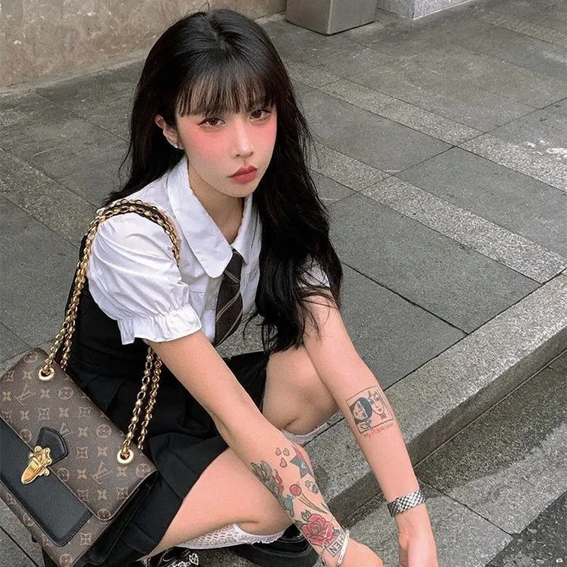Maxct Women Dress Sets Preppy Style Slim High Street Girl Sweet Ins Puff Sleeve Shirts Pleated Dresses Student Harajuku Ulzzang JK Hot