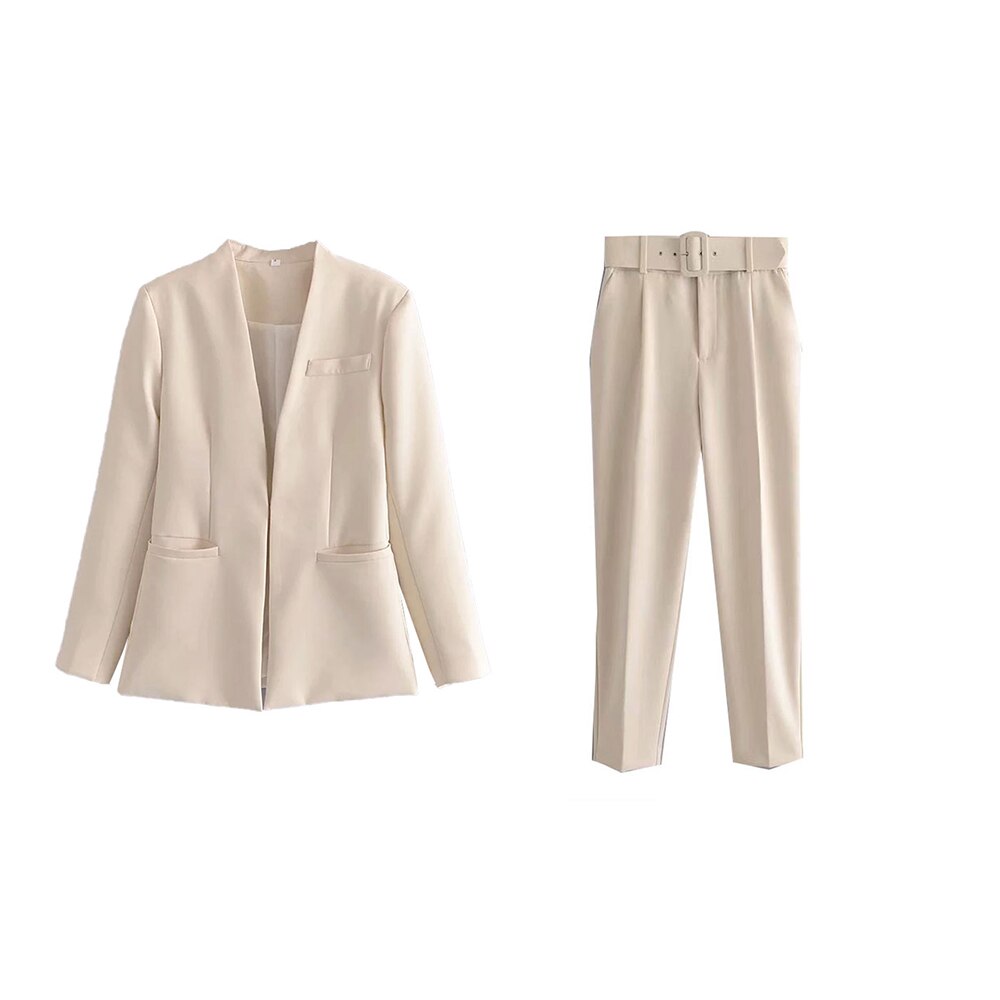 Maxct 2024 Women Fashion Two Pieces Sets Office Wear Blazers Coat And With Belt High Waist Pants Female