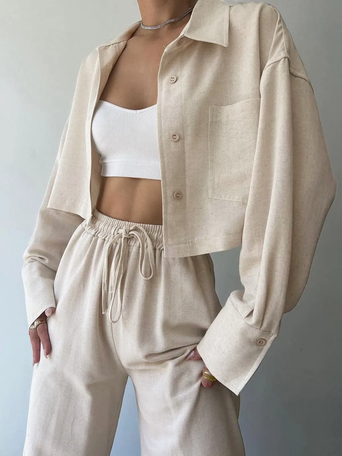 Maxct Collared Drawstring Two Piece Pants Set
