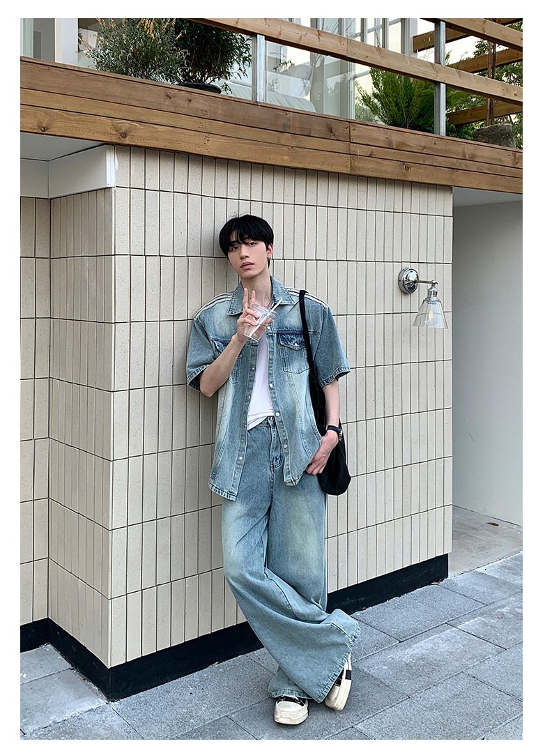 Maxct 90s Streetwear Niche Vintage Washed Padded Shoulder Short Sleeve Denim Shirt Spring And Summer New Korean Style Design Sense Shirt Coat Top - Image 12