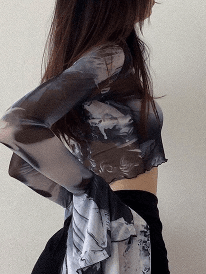 Maxct Cropped Flare Cuffs Mesh Blouse