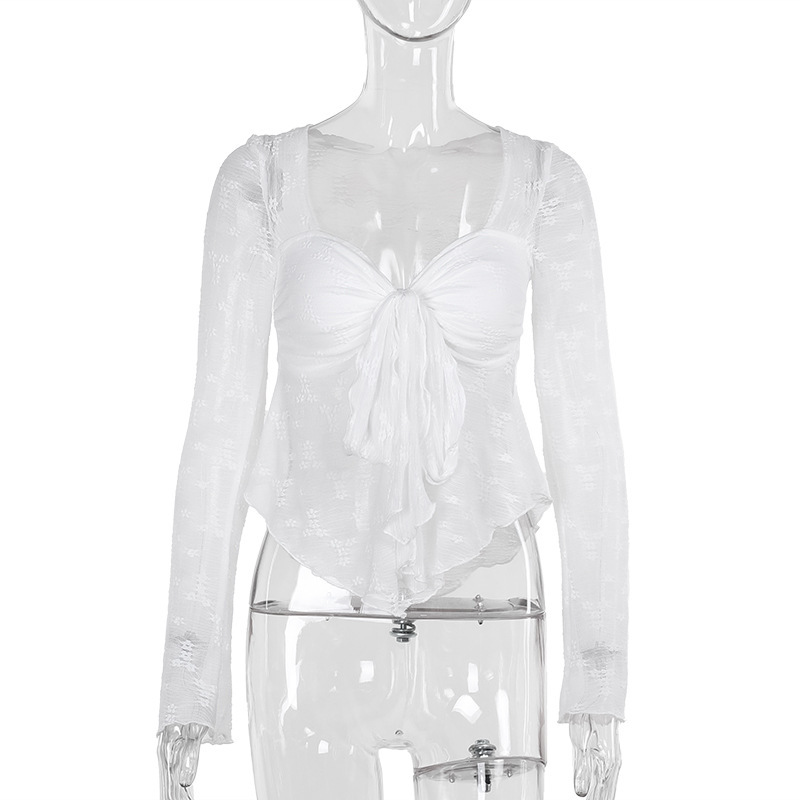 Sexy White Lace Bows Long Sleeve T-Shirt Top For Women Summer New See Through Hot Girl Slim Fit Long Sleeved Top Pullover