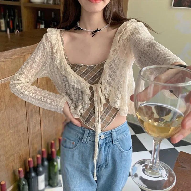 Maxct Thin Ruffles Tops Women Sunscreen Blouses Vintage Breathable Cropped All-match Basic Slim Tender Retro