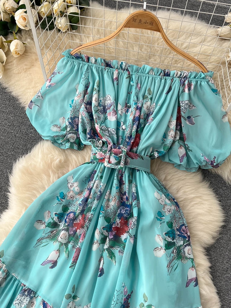 Bohemian Floral Chiffon Long Dress Women Sexy Off Shoulder Ruffle Puff Short Sleeve High Waist A-Line Big Swing Vestidos