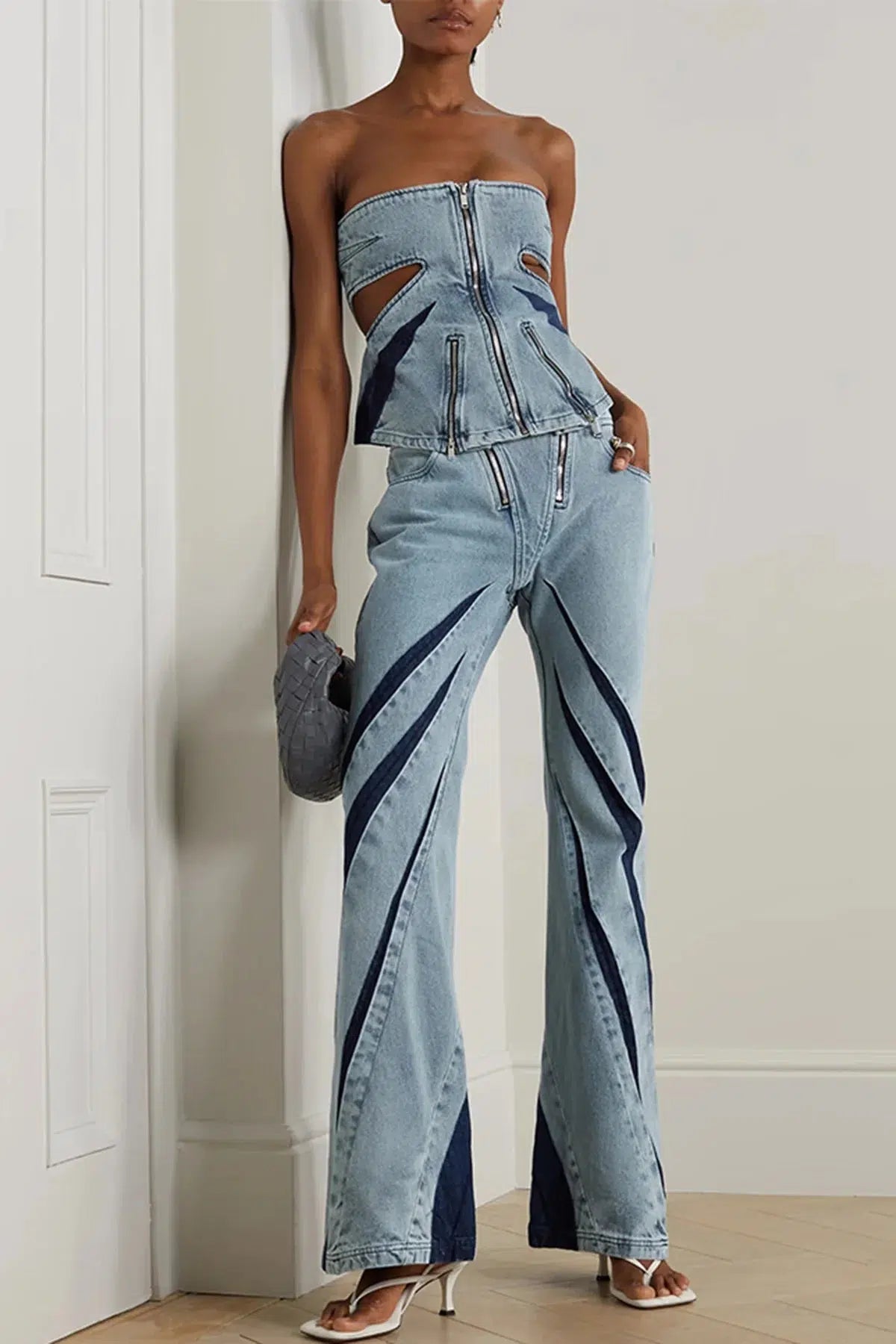 Maxct &Denim Cut Out Tube Top & Patch Jeans Two Piece Set