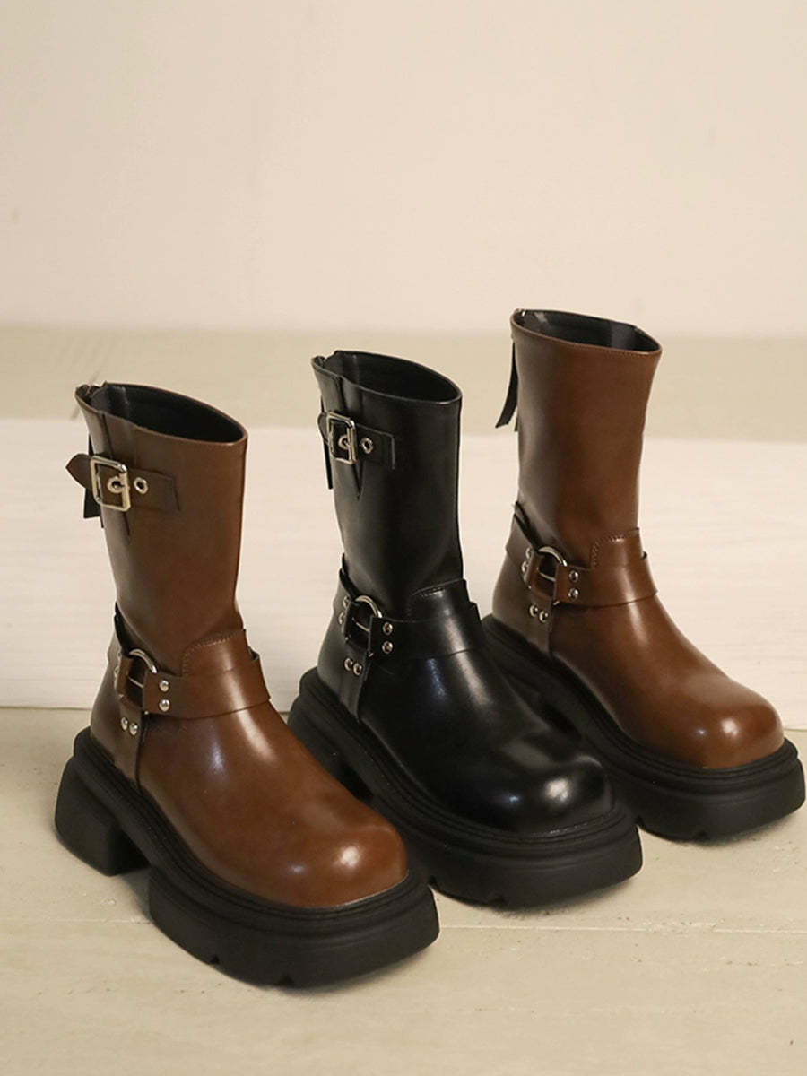 Western Buckle Straps Chunky Heeled Side Zip Boots Maxct