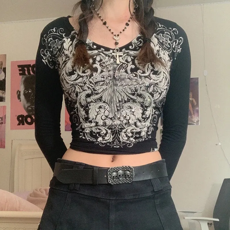 Maxct Graphics Print Y2K Retro T Shirt Indie Aesthetics Mall Goth Sweats Tees Autumn Spring Long Sleeve Crop Tops 90s Vintage Grunge