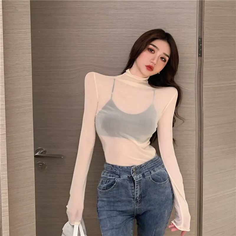 Maxct T Shirts Women Transparent Tops Long Sleeve Slim Turtleneck Stretchy T-Shirt Autumn Tees