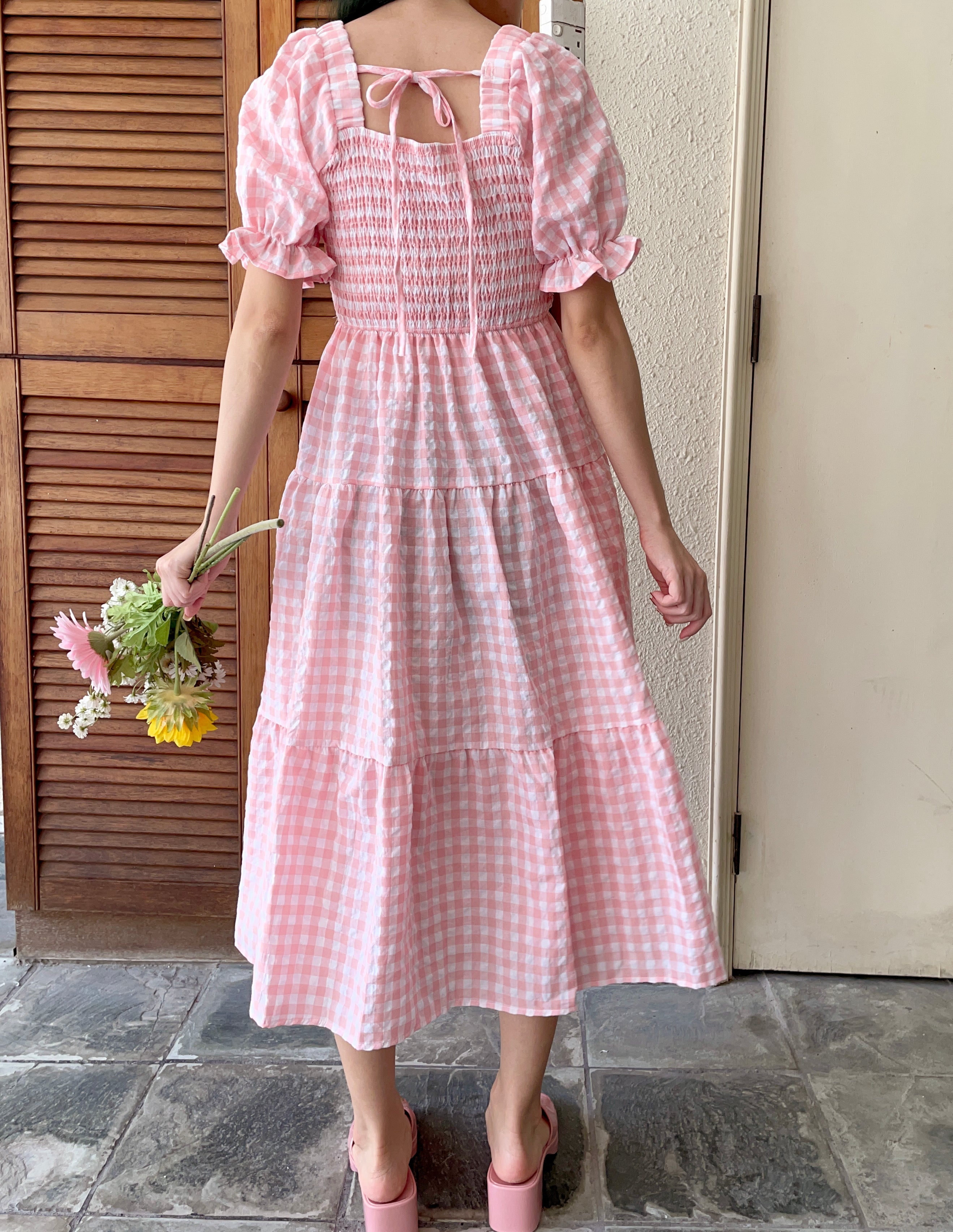 Puff Sleeve Gingham Tiered Dress Maxct