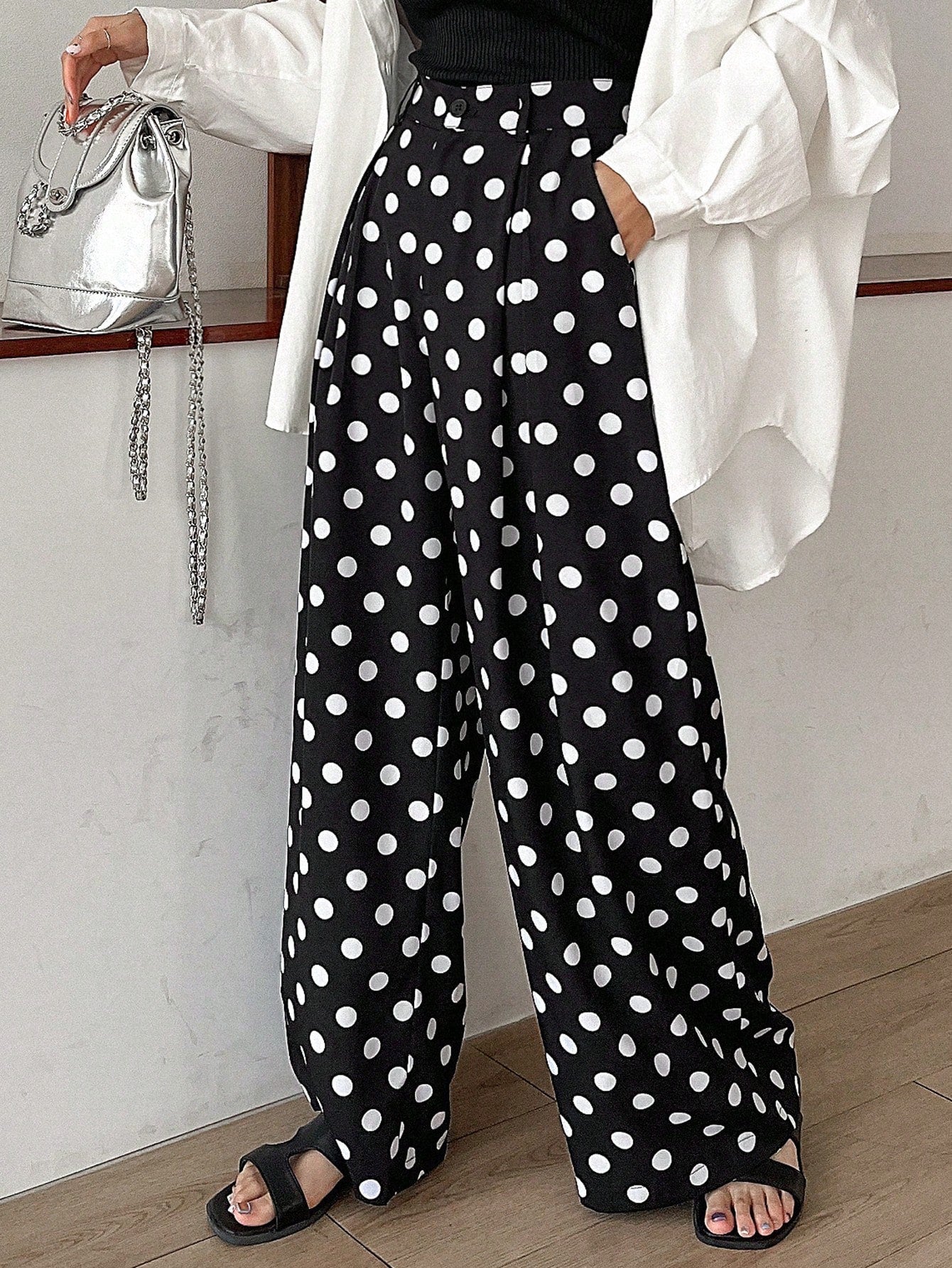 Maxct Polka Dot Palazzo Pants Women's Suit Pants With Pockets