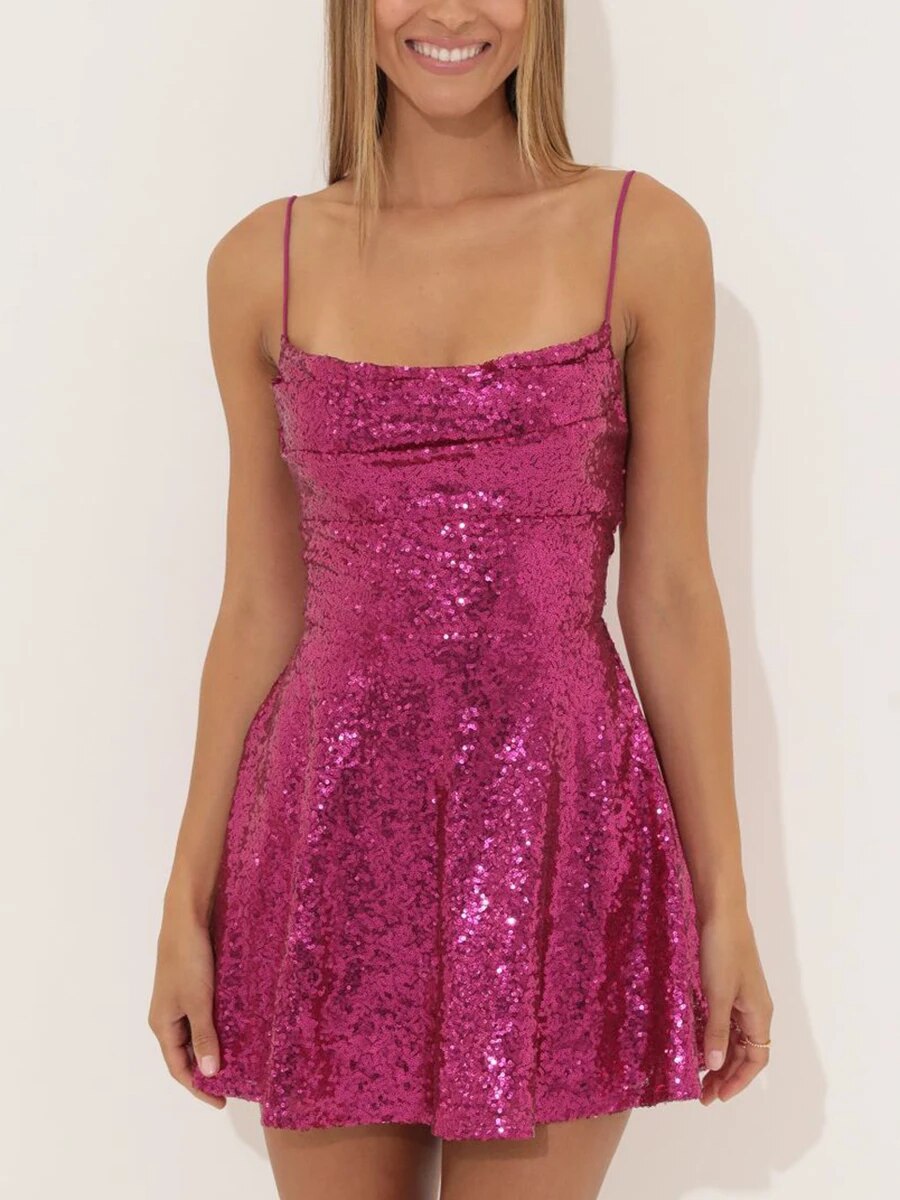 Maxct Women's Sexy Shiny Sequined Summer Backless Bow Knot Tie-up Hollowed A-Line Mini Party Dress Beach Club Streetwear