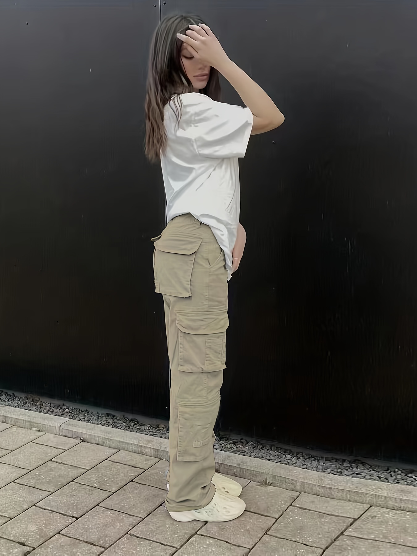 Plain High Rise Cargo Denim Pants, Loose Solid Color Retro Cargo Jeans, Street Casual Style, Women's Denim Jeans & Clothing