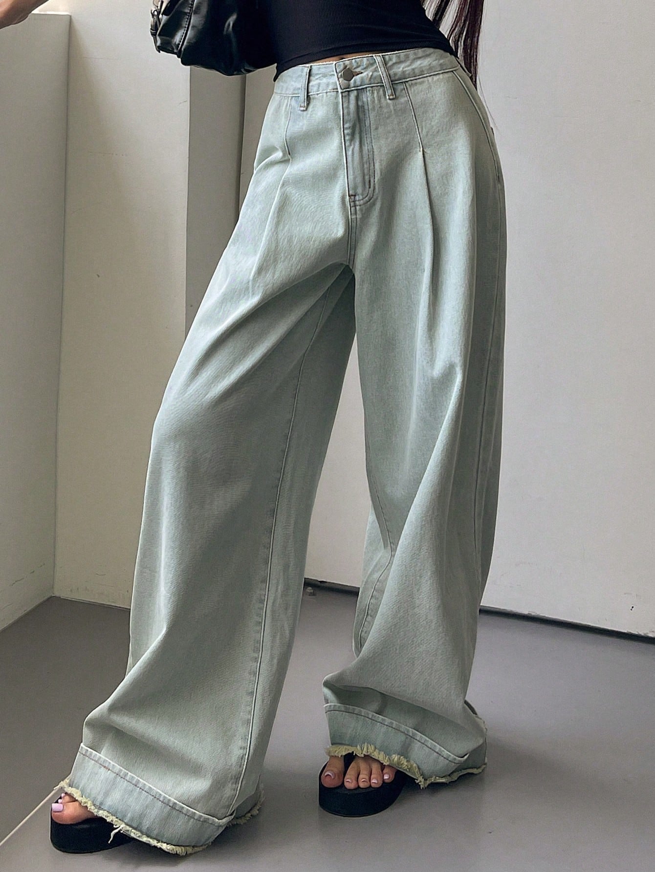 Maxct Women's Loose Fit Casual Denim Pants With Pleats And Frayed Hem