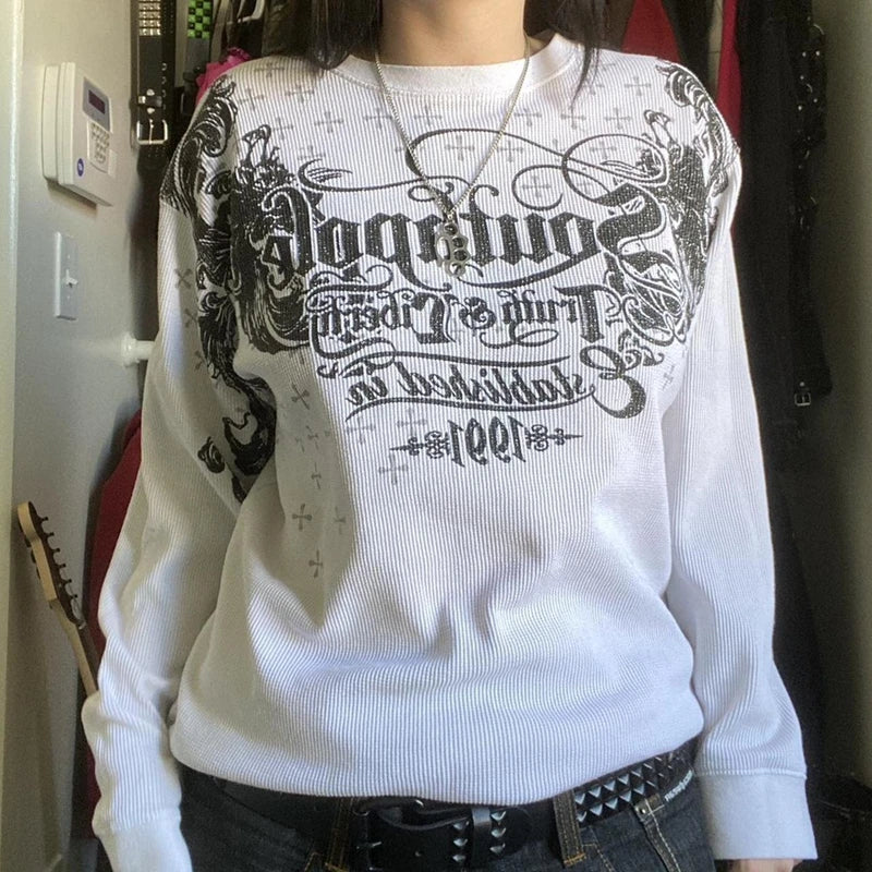Maxct Cross Print T-shirt Women Y2K Cyber Grunge 00s Retro Harajuku Patchwork Long Sleeve Tee Gothic Mall Goth Sweats Tops