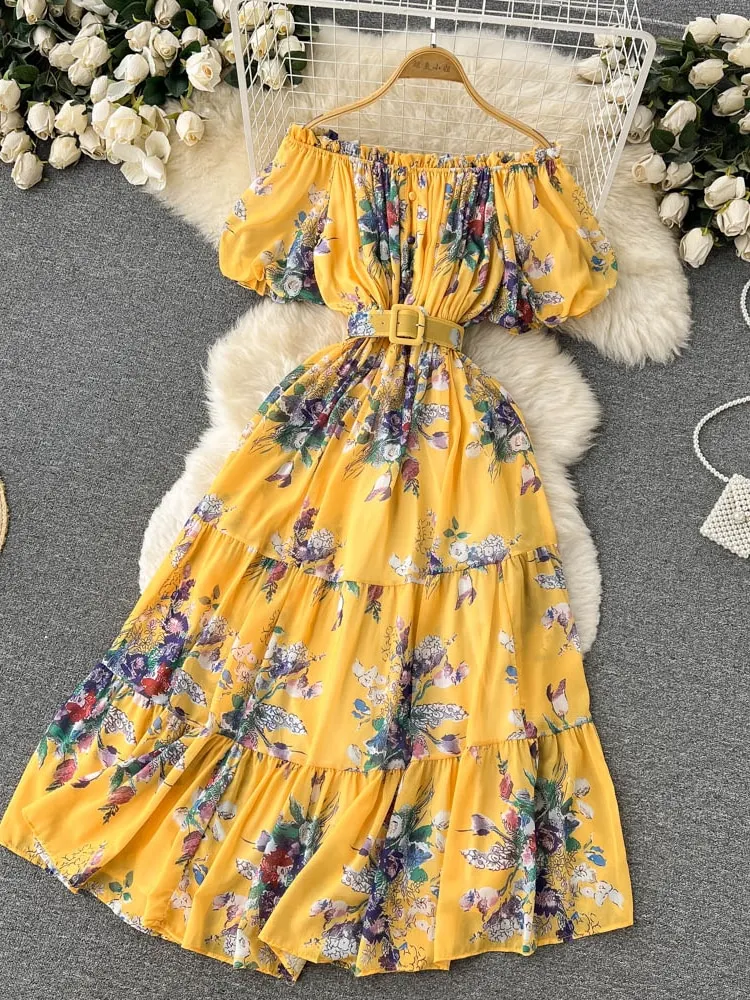 Bohemian Floral Chiffon Long Dress Women Sexy Off Shoulder Ruffle Puff Short Sleeve High Waist A-Line Big Swing Vestidos