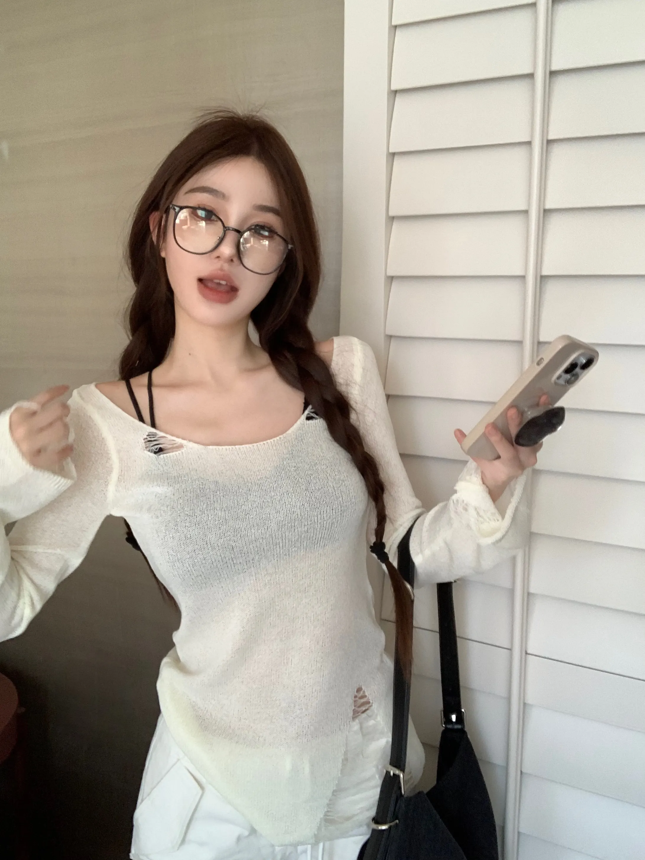 Maxct Korean Style Long-sleeved Ripped Thin Knitted Sunscreen Blouse T-shirt Tops With Small Tube Top Fashion Women's Clothing