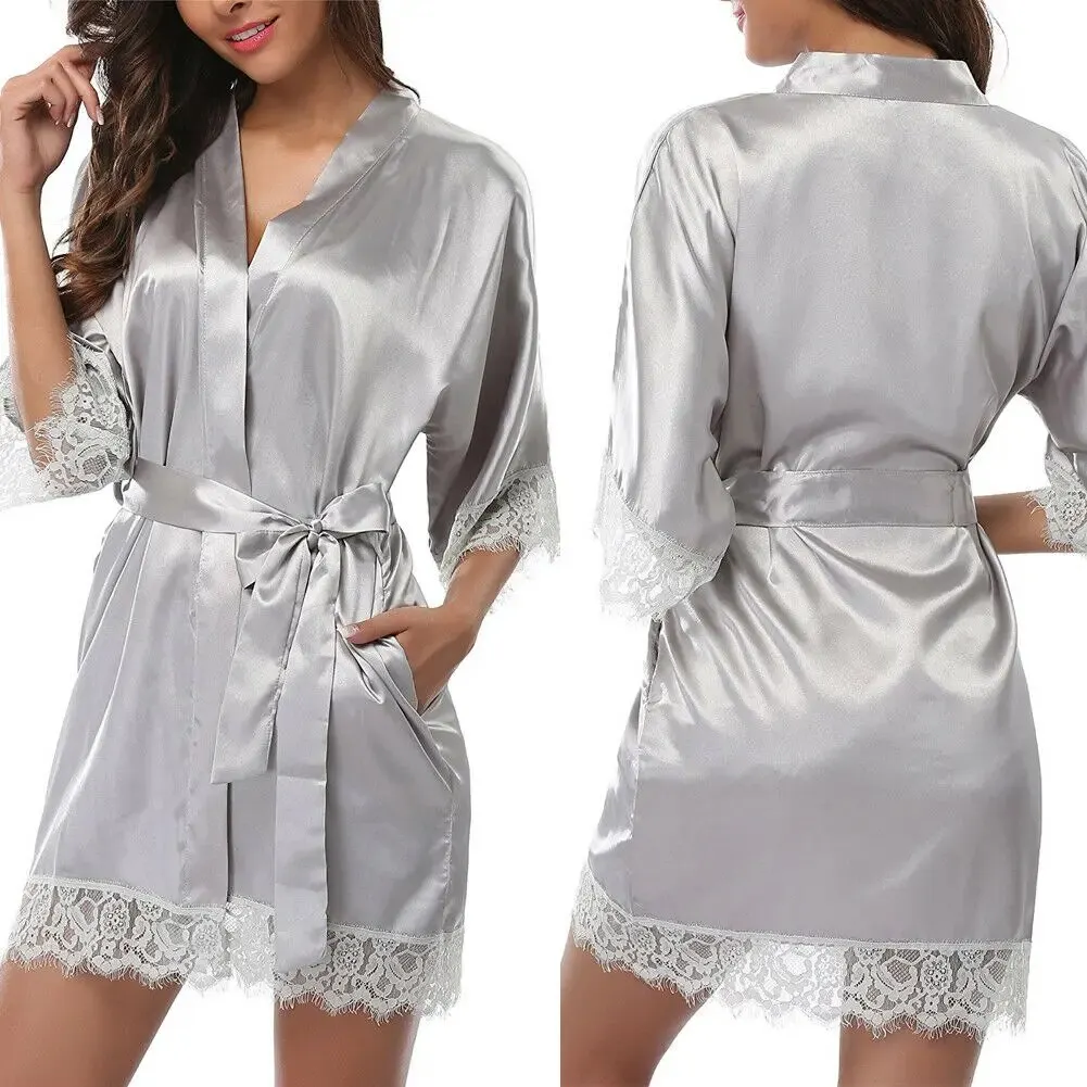 Maxct Women Night Gown Satin Robe Bathrobe Satin Nightgown Halt Sleeve Pajamas Lingerie Night Mini Dress Lace Sexy Sleepwear hot sale