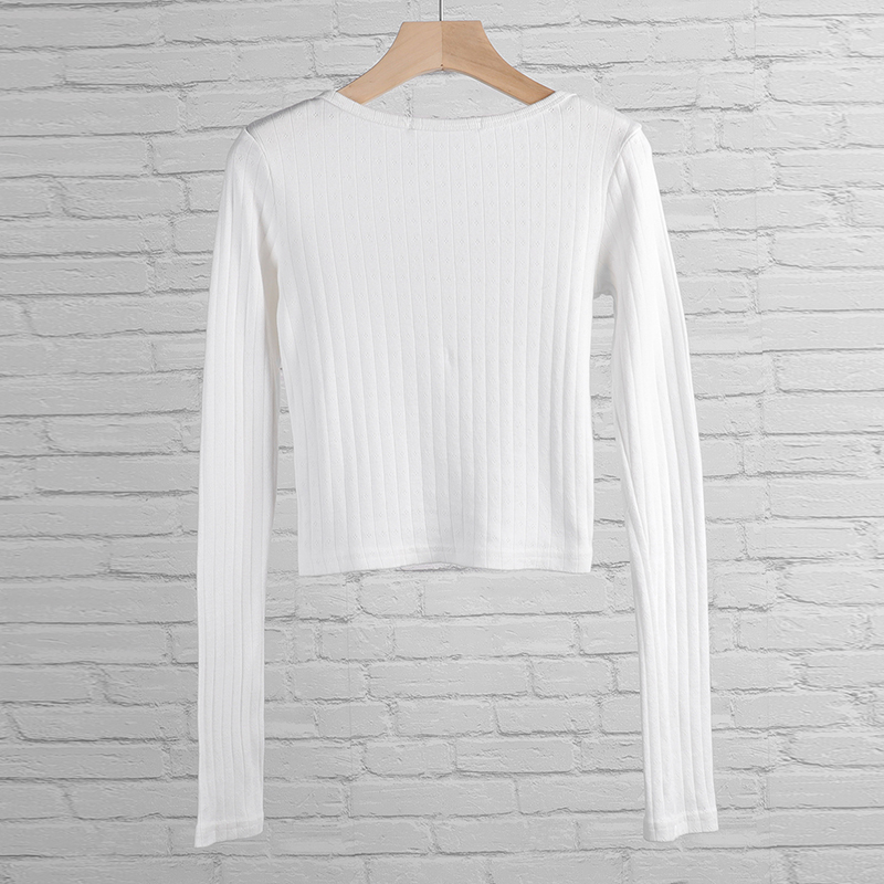 Chic Women Sweet Floral Hollow Out T-shirt Ribbed Cotton Long Sleeve Basic Tees Autumn Button Up Slim Fit Crop Top Clothes