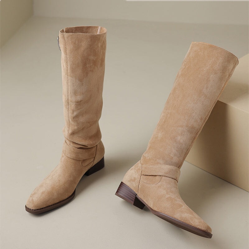Womens Suede Knee High Boots with Buckles Maxct