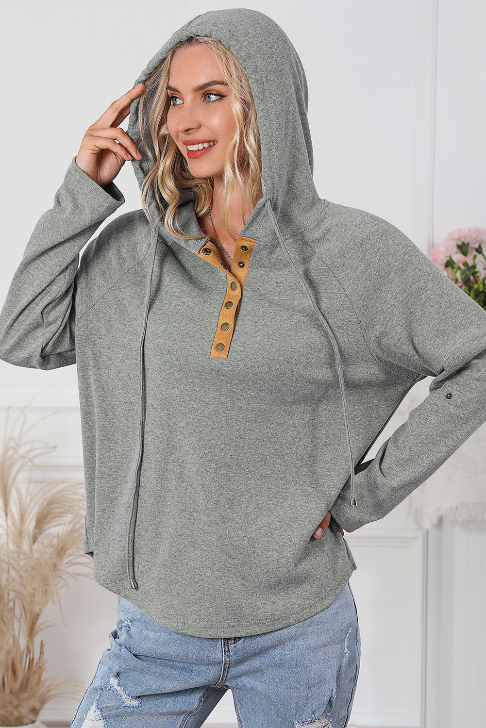Maxct &Drawstring Quarter Snap Long Sleeve Hoodie
