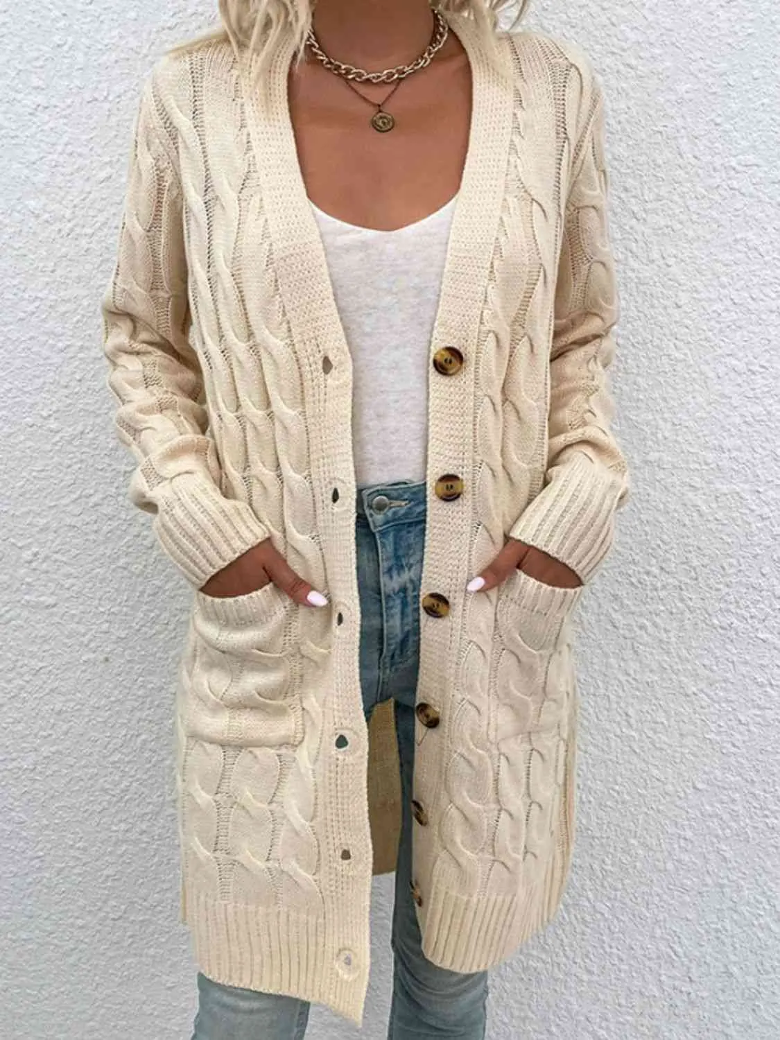 Maxct &Cable-Knit Button Down Cardigan with Pockets