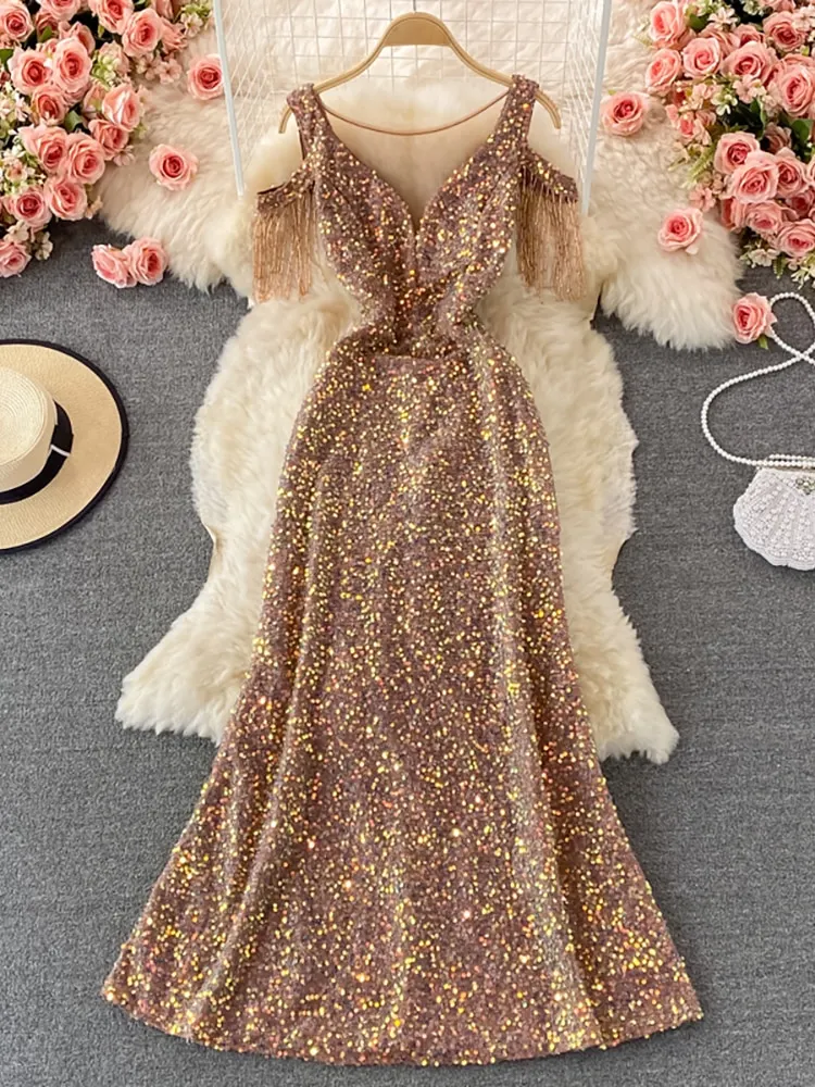 Maxct Sequins Party Maxi Dress For Women Sexy V-Neck Short Sleeve High Waist Tassel Long Robe Female Elegant Vestidos
