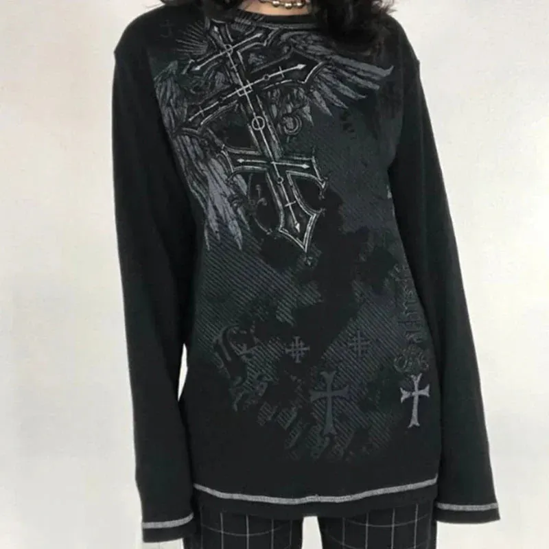 Maxct Mall Goth 2000s Retro Pullovers Tops Vintage Graphics Y2K Loose T Shirt Chic Aesthetic Autumn Long Sleeve Tees Grunge Streetwear