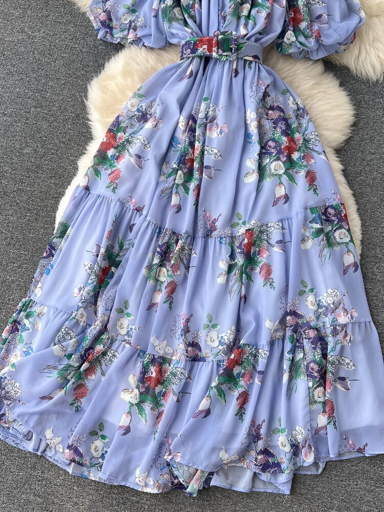 Bohemian Floral Chiffon Long Dress Women Sexy Off Shoulder Ruffle Puff Short Sleeve High Waist A-Line Big Swing Vestidos