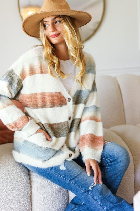 Maxct &Ivory Striped Button Down Fuzzy Knit Cardigan